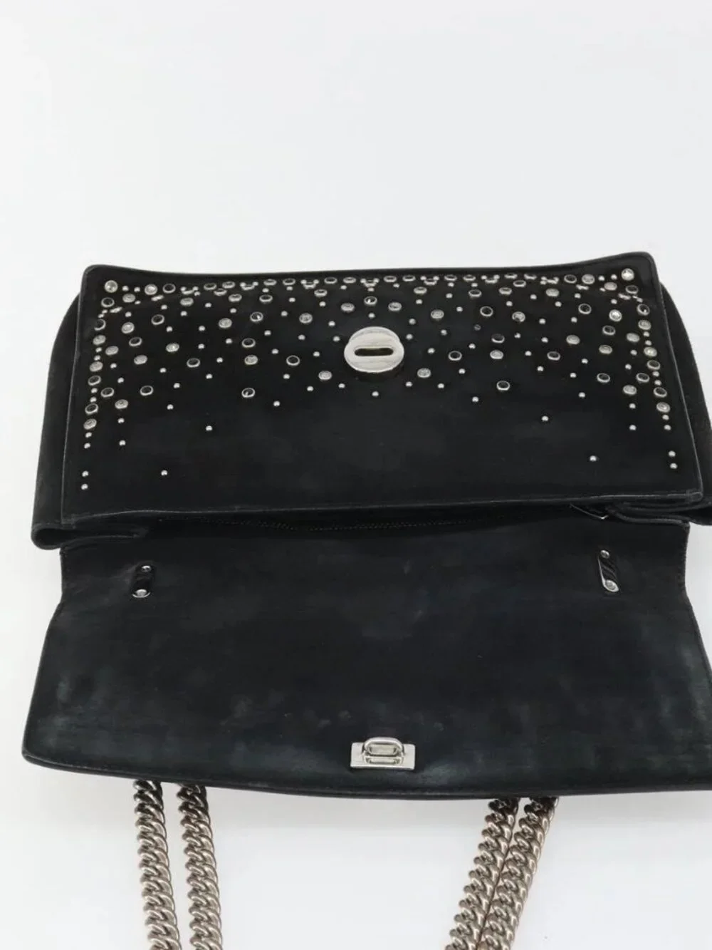 Salvatore Ferragamo Vala Chain Shoulder Bag Suede Black Silver Auth 187258A